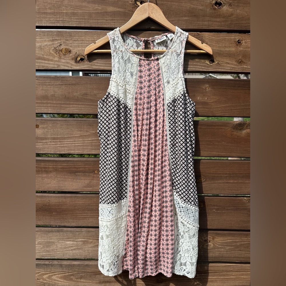 Cato Women’s Boho Lace Patchwork Tank Dress in Blush Pink & Black